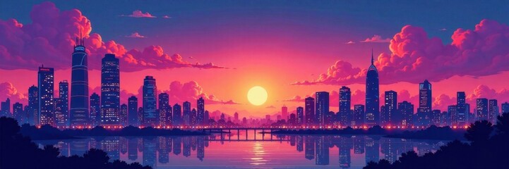 Cartoon style cityscape with bright colors and bold lines at dusk, evening, bold lines, colorful