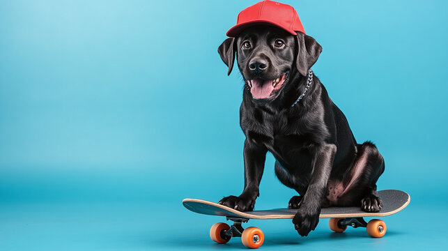 Cool black lab dog in baseball cap sitting on skateboard, blue background with copy space for text.