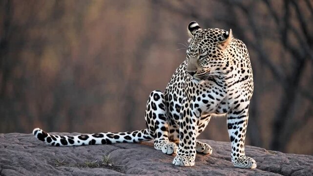 Slow Motion Shot of a Leopard Sitting &ndash; Fixed Camera, Static Shot, Front View, Majestic Big Cat, Intense Focused Gaze, Powerful Wild Animal, Elegant Spotted Fur, Serene Jungle Atmosphere, Tranquil