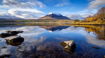 Stunning mountain landscape reflecting in a serene lake under a picturesque sky : Generative AI