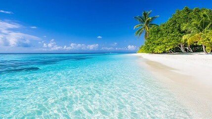 Fototapeta premium Idyllic Tropical Beach with Turquoise Water and Lush Green Palm Trees : Generative AI