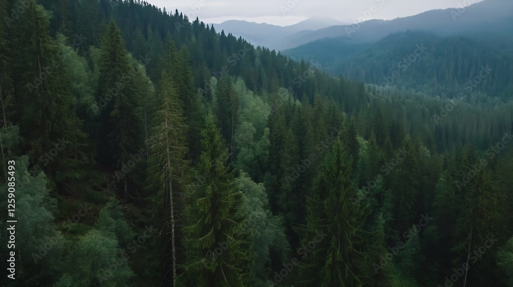Aufkleber Lush green forest landscape with tall trees and rolling mountains creating a serene and tranquil environment : Generative AI