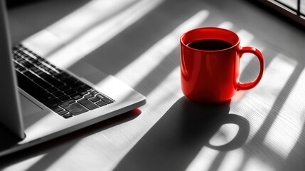 Laptop, coffee mug, sunlight, workspace, productivity, interior, morning, simple