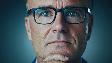 Elderly caucasian male with glasses contemplating in thoughtful expression