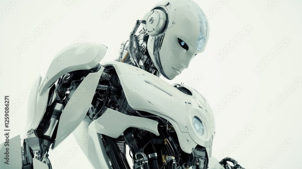 Poster futuristic robot with humanoid features and sleek design on white background