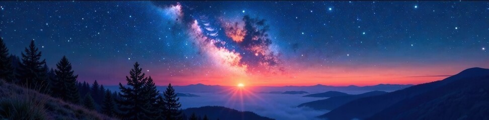 Celestial tapestry of twinkling stars above a serene landscape at dusk, peaceful, night sky, celestial