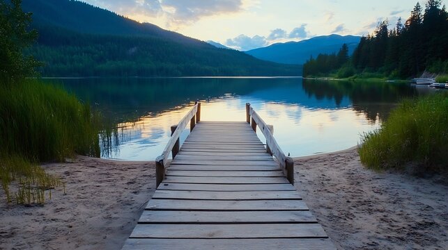 Scenic wooden dock extending into serene lake surrounded by lush hills and trees at sunset : Generative AI