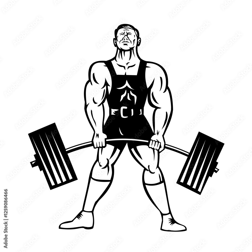 Poster retro style illustration of a powerlifter performing deadlift with barbell viewed from front on isol