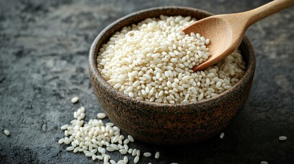 Uncooked arborio rice in a ceramic bowl with a wooden spoon, highlighting texture and quality. Ideal for risotto recipes and gourmet cooking.