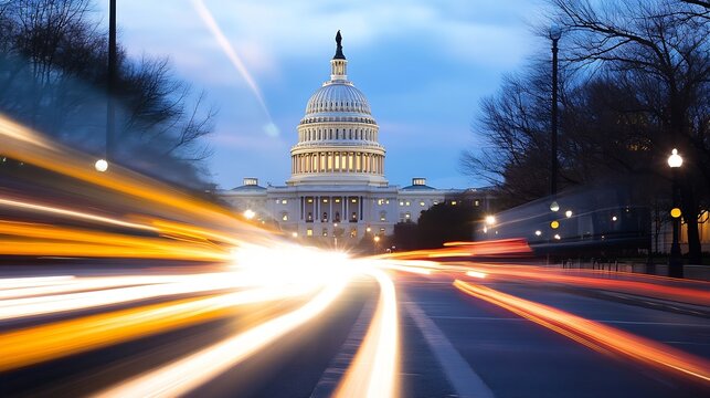 Fototapeta Beautiful twilight view of the United States Capitol building with light trails in Washington DC : Generative AI