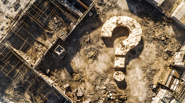 Aerial View of Desolate Ruins with a Large Question Mark