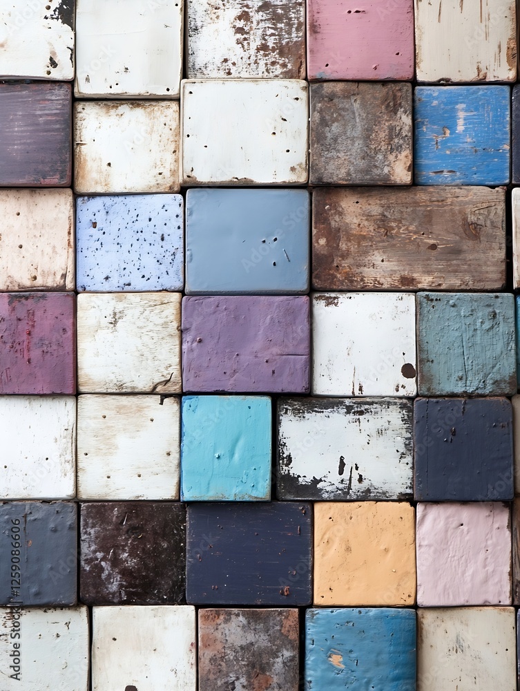 Aufkleber artistic arrangement of vintage colorful wooden blocks creating an engaging textured wall : generati
