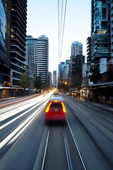 Fototapeta premium Dynamic urban street scene with blurred motion of vehicles and tall buildings during dusk : Generative AI