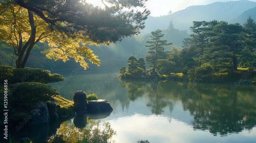 Poster tranquil reflection of lush green trees in a serene lake surrounded by peaceful mountains during gol
