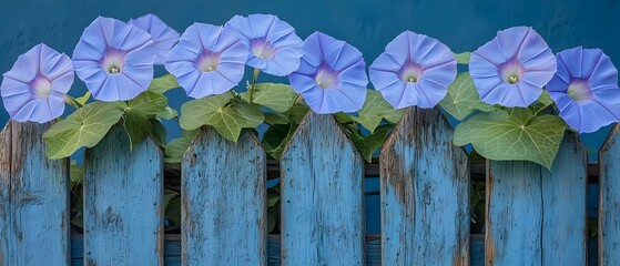Fototapeta premium A vibrant display of morning glory flowers in shades of blue, blooming against a rustic blue fence. The scene captures the essence of a serene garden in full bloom.