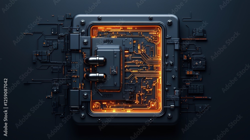 Poster futuristic circuit board with illuminated orange pathways and metallic components