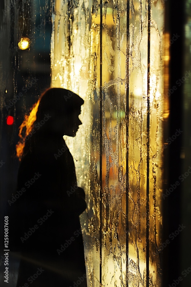 Aufkleber silhouette of a woman by a foggy window with soft colorful light reflections : generative ai