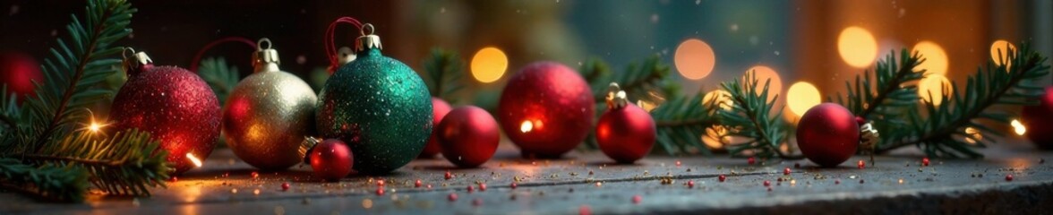 Naklejka premium Christmas ornaments on a festive table or mantle display, table setting, winter festive , winter wonderland