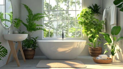Sunlit bathroom with plants, bathtub, and wooden vanity.
