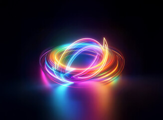 Obraz premium Abstract rainbow light trails swirl in a double exposure effect. Vibrant and dynamic design against a dark backdrop. Glowing and colorful.