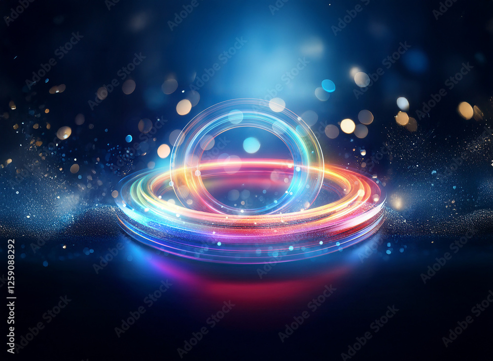 Poster a double exposure abstract art piece featuring vibrant rainbow rings emitting a soft glow. bokeh lig