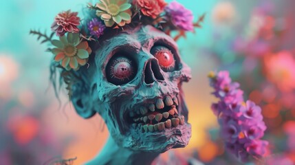 A skeletal zombie adorned with colorful flowers stares forward with haunting red eyes. The blend of horror and beauty, set against a dreamy pastel background, creates a surreal effect. AI generated.