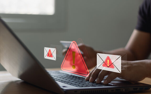 Scam credit fraud card alert internet money security online crime cyber data theft hacker phishing protection digital information password attack technology stealing risk email warning on laptop.