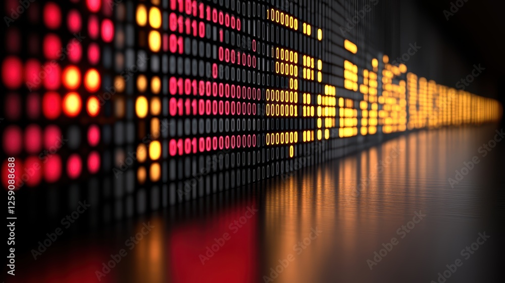 Poster binary code wall display with orange and red led lights