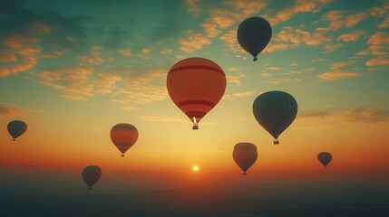 Obraz premium Hot Air Balloons Soaring at Sunrise Over Scenic Landscape