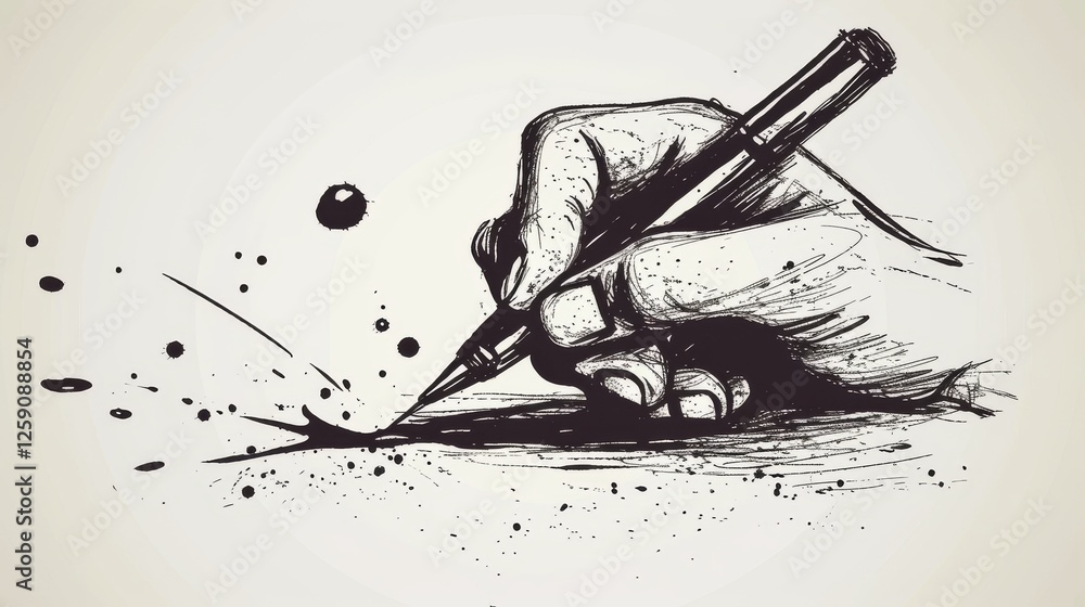 Poster a highly detailed black and white sketch of a hand holding an ink pen, creating expressive strokes w