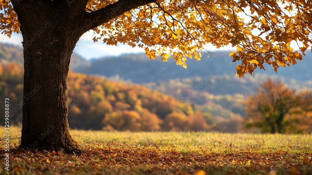 Poster majestic autumn tree with colorful leaves against a mountainous backdrop : generative ai