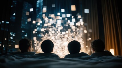 Children watching illuminated art installation with floating lights at night