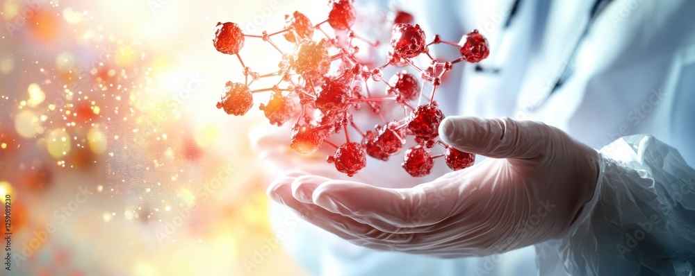 Aufkleber scientist examining molecular structure with red particles in laboratory