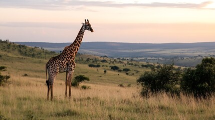 Obraz premium Majestic Giraffe Standing Tall in a Serene African Landscape Under a Beautiful Sunset : Generative AI
