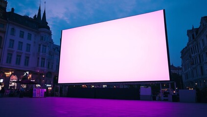 Obraz premium Large blank screen in city square at dusk, promoting an event