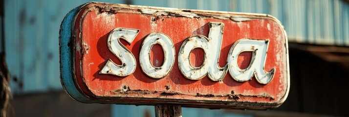 Vintage Soda Sign with Rustic Charm in a Retro Setting Depicting Nostalgia and Old-Fashioned...