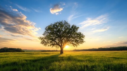 Fototapeta premium Majestic Tree Illuminated by the Setting Sun in a Serene Green Field : Generative AI