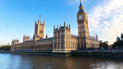 Fototapeta premium Iconic view of the Houses of Parliament and Big Ben with a clear sky : Generative AI
