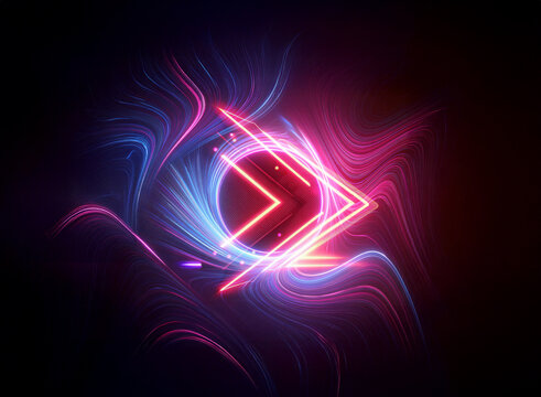 Vibrant neon arrows form a double exposure effect against swirling cosmic energy.  Illuminated geometric shapes glow brightly in a dark, abstract space with dynamic light trails.