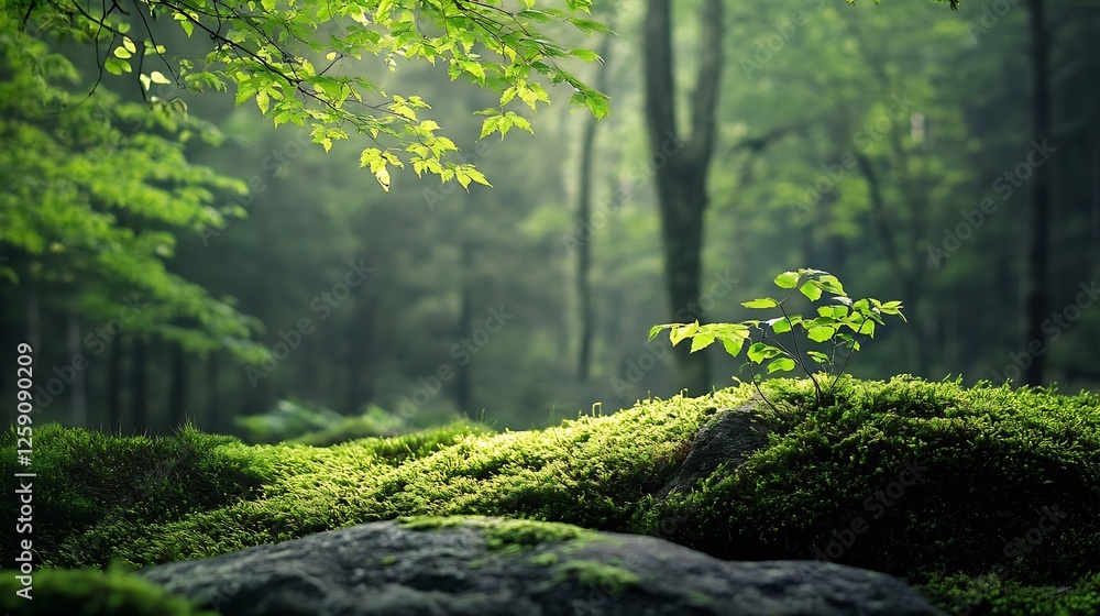 Poster Serene Forest Scene with Lush Green Moss and Sunlight Filtering Through Trees : Generative AI