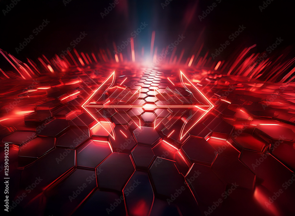 Poster futuristic double exposure of red geometric shapes and bright light trails on a dark surface. hexago