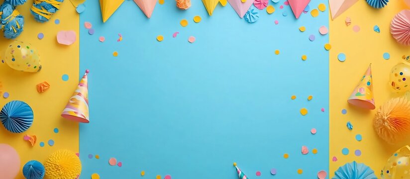 Colorful party decorations with balloons, confetti, and a festive backdrop for celebrations