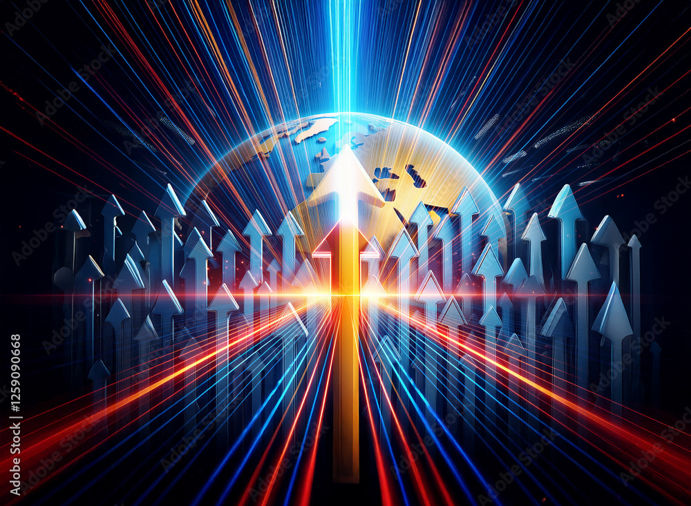 Poster a double exposure image showing a globe overlaid with upward pointing arrows and vibrant red and blu