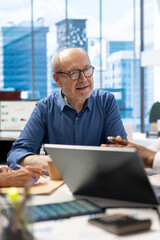 Fototapeta premium Mature couple receiving tailored financial advice on retirement planning, focusing on maximizing savings, investment growth and long term financial security. Clients plan pension funds.