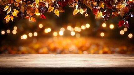 Autumn Leaves Background with Wooden Table and Bokeh Lights