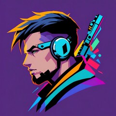 Neon Retro Gamer Profile: Cyberpunk Style Headshot with Headphones and Weapon