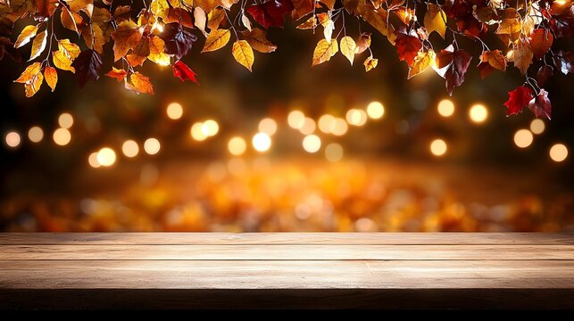Autumn Leaves Background with Wooden Table and Bokeh Lights