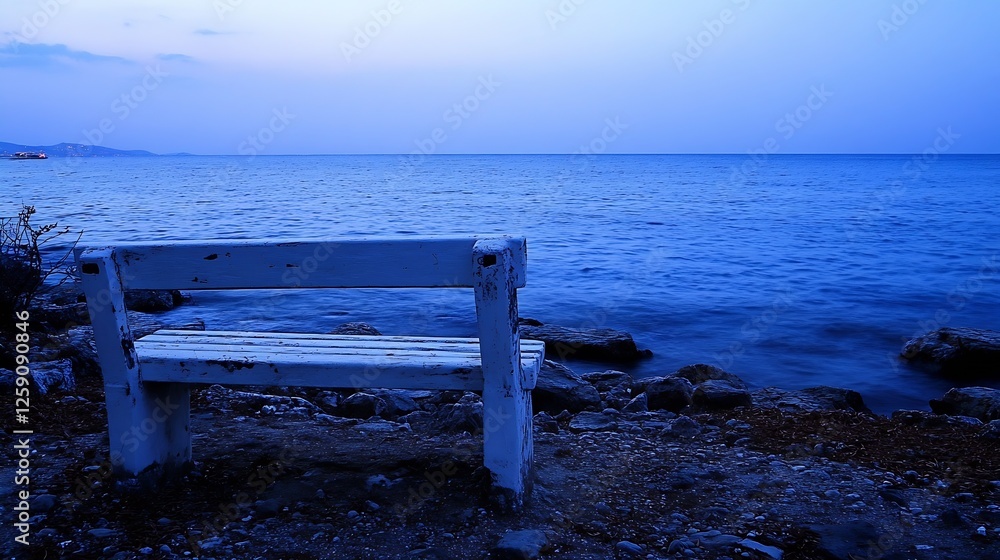 Poster serene seaside view with old wooden bench at evening twilight : generative ai
