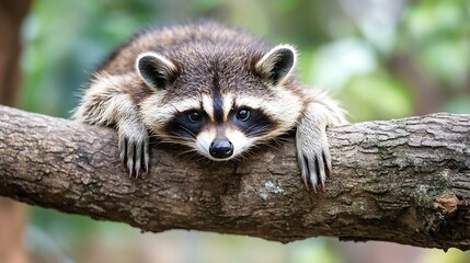 Fototapeta premium Cute and Curious Raccoon Relaxing on a Tree Branch in a Natural Setting : Generative AI