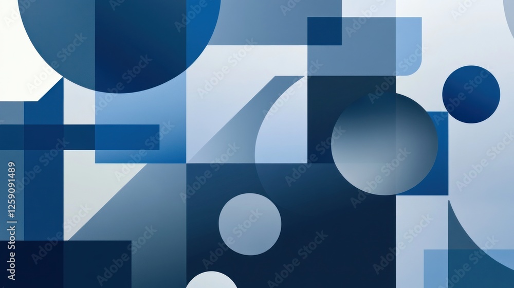 Poster geometric composition in varied blue tones with overlapping shapes
